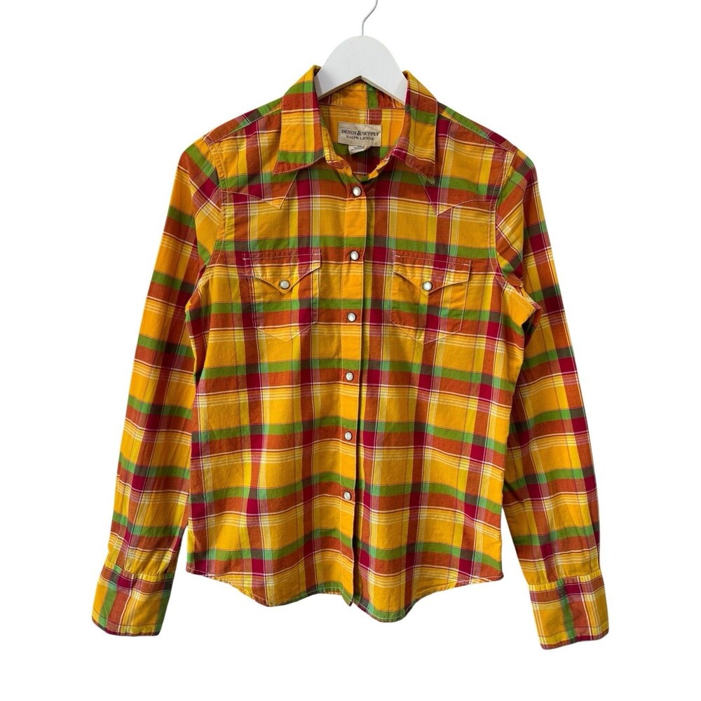 RL Denim & Supply Pearl Snap Western Shirt Rodeo Plaid Fall Thanksgiving Y2k SM